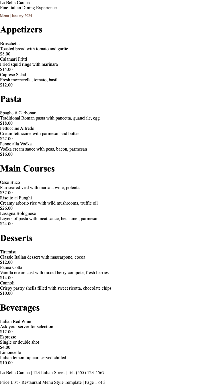 Restaurant Menu Style price list Template